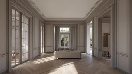 Spacious, light-filled interior of a classic room.