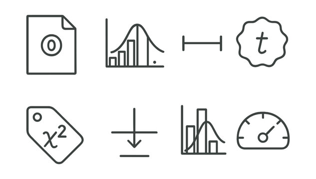 Line style icons of statistical testing: null hypothesis file, p-value chart, confidence interval range, t-test badge, chi-square test tag, significance threshold icon, test statistic icon, power