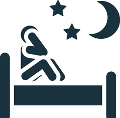 Person awakening in bed at night with moon and stars