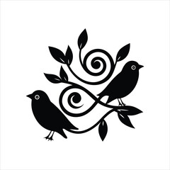 Birds on Branch Silhouette with Retro Swirling Leaves Vector Illustration