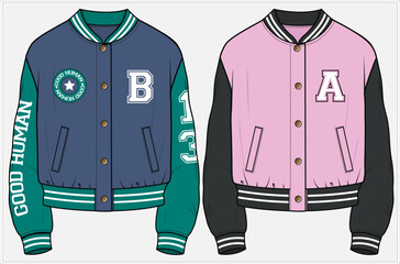 VARSITY BOMBER JACKET WITH WELT POCKET VARSITY TYPO AND BADGES DETAIL DESIGNED FOR WOMEN, MEN, YOUNG WOMEN, YOUNG MEN, TEEN BOYS, TEEN GIRLS AND UNISEX IN VECTOR ILLUSTRATION FILE