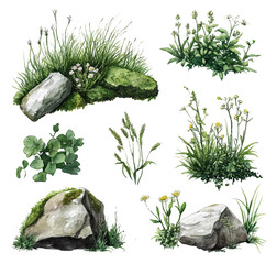 Grass wild herbs and stones vector illustration. Natural grass and field plants with mossy rocks. Meadow swamps plants, stones and herbs in a realistic nature composition.