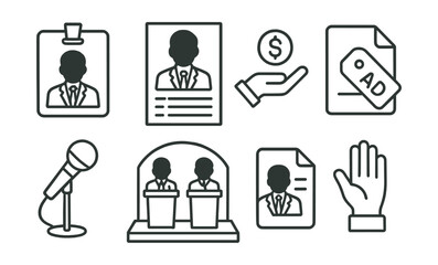 Line style icons of election candidates and campaigns: candidate portrait badge, political platform sheet, campaign donation icon, public speech mic, debate stage symbol, campaign ad tag, press