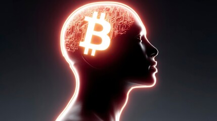 Silhouette of a Human Head with Illuminated Bitcoin Symbol and Circuitry Representing Digital