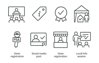 Line style icons of voter outreach programs: town hall event icon, info flyer tag, door-to-door campaign badge, community info tent, media PSA microphone, social media post icon, voter registration