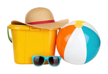 PNG Beach essentials: sun hat, sunglasses, bucket, and ball for summer fun