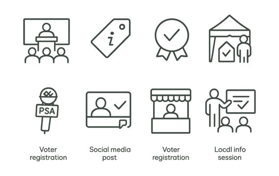 Line style icons of voter outreach programs: town hall event icon, info flyer tag, door-to-door campaign badge, community info tent, media PSA microphone, social media post icon, voter registration