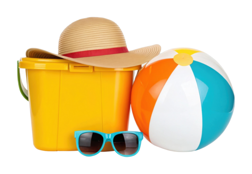 PNG Beach essentials: sun hat, sunglasses, bucket, and ball for summer fun