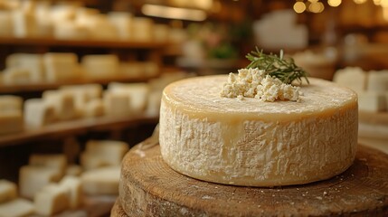 Round cheese on wooden stand, surrounded by other cheeses