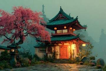 Fototapeta premium Enchanting Traditional Architecture with Blossoming Tree and Lanterns in a Serene Garden Settin