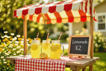 A charming lemonade stand, adorned with a red and white striped awning, displays refreshing glasses of lemonade for sale amidst a backdrop of greenery and cheerful daisies.