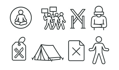 Line style icons of civil disobedience: sit-in protest badge, march crowd icon, symbolic blockade symbol, silent protest pose, hunger strike tag, occupation tent icon, dissent letter file, nonviolent