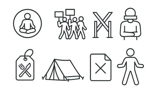 Line style icons of civil disobedience: sit-in protest badge, march crowd icon, symbolic blockade symbol, silent protest pose, hunger strike tag, occupation tent icon, dissent letter file, nonviolent