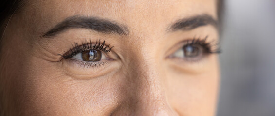 Looking far away. Cropped close up pretty smiling young female with dark eyes look aside. Selective...