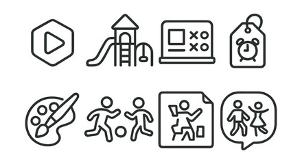 Line style icons of play and leisure: play as a right badge, local play space icon, after-school fun board, weekend free time tag, artistic expression chart, safe outdoor games symbol, creative toys