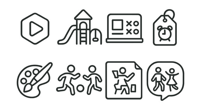 Line style icons of play and leisure: play as a right badge, local play space icon, after-school fun board, weekend free time tag, artistic expression chart, safe outdoor games symbol, creative toys