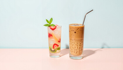 Refreshing summer drinks on pastel pink surface with blue background  