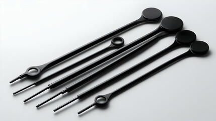 Set of five long, slender black rods.  Each rod has a circular attachment at each end, and some have small holes