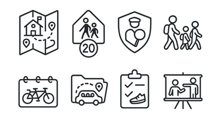 Line style icons of school mobility planning: safe routes to school map, school zone speed tag, crossing guard badge, walking school bus icon, bicycle storage board, family carpool route file, active