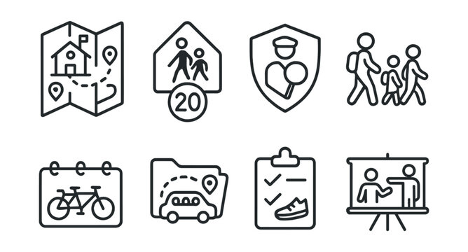 Line style icons of school mobility planning: safe routes to school map, school zone speed tag, crossing guard badge, walking school bus icon, bicycle storage board, family carpool route file, active