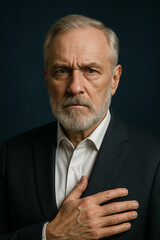 Elderly man in a suit holding his hand over his heart with a serious and patriotic expression