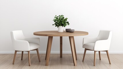 Minimalist Dining Area Featuring Round Wooden Table, Two White Chairs, Green Potted Plant, and Neutral Decor Against White Wall.