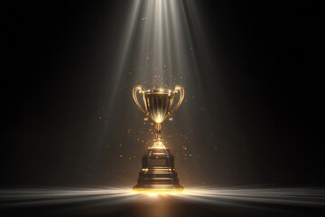 Golden trophy illuminated by spotlights symbolizes victory and achievement