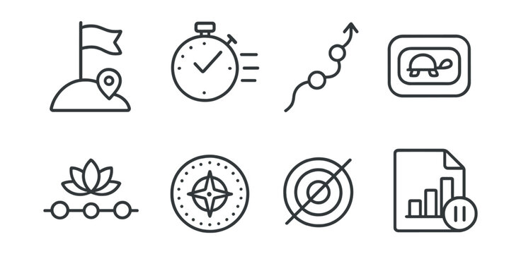 Line style icons of non-competitive goal setting: self-set milestone icon, pace tracker without leaderboard, individual path chart, “no rush” goal toggle, mindful journey timeline, explore at own