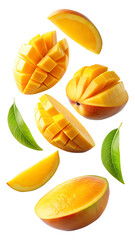 flying mango fruit and half slices isolated on transparent background Remove png, Clipping Path