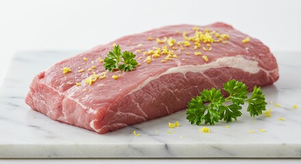 Fototapeta premium Raw Steak with Parsley and Lemon Zest on Marble
