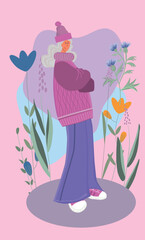 Woman in a hat and sweater surrounded by stylized flowers. Vector illustration.