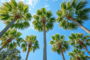 Lush green palm trees reaching towards a bright blue sky