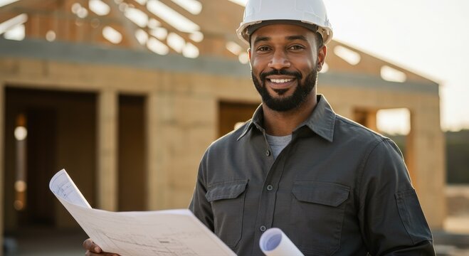Smiling Black man engineer in hard hat holding blueprints at house construction site.
