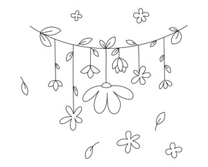 Linear black and white garland of lush spring and summer flowers. For cards, coloring books, congratulations, invitations