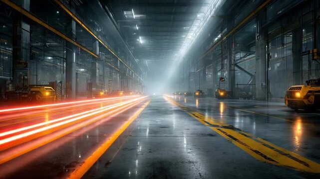 smart warehouse automation AI-powered factory floor with light trails, AI-powered factory showcasing automation with AI-powered factory logistics in motion