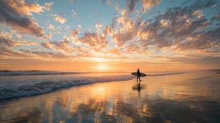 Serene Sunset Beach Scene with Surfer Walking