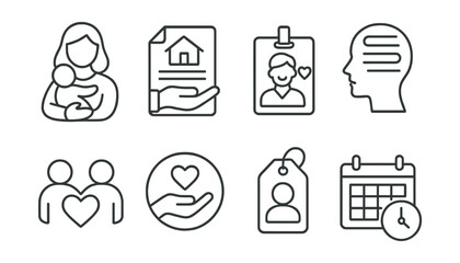 Line style icons of care and recognition: unpaid care work icon, domestic work rights file, caregiver badge, mental load chart, shared parenting symbol, respect for care circle, invisible labor tag,