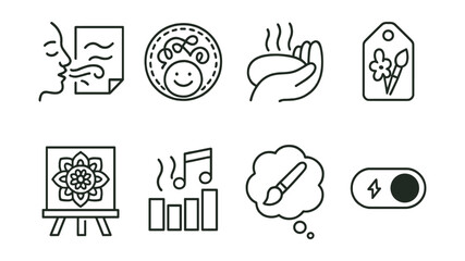 Line style icons of regulation through art: breathing and line file, doodle to calm badge, slow repetitive motion icon, color in silence tag, mandala coloring board, regulate with rhythm chart, art