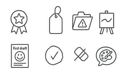 Line style icons of confidence-building art activities: try something new badge, “I finished!” tag, creative risk file, brave line board, first draft joy chart, imperfect is fine icon, no eraser