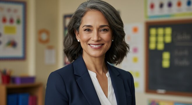 Portrait of a middle aged teacher with grey hair smiling in a classroom environment.