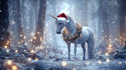Unicorn in snowy forest with santa hat