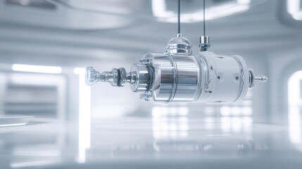 A futuristic metallic component suspended in a high-tech environment.