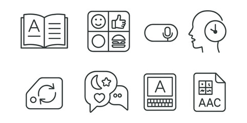 Line style icons of inclusive communication: easy-to-read icon, communication board badge, voice assistant toggle, slow speech request symbol, repeat button tag, symbol-based reply, assisted typing