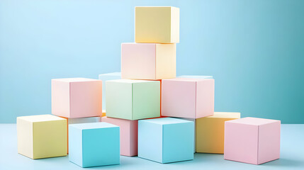 Obraz premium Pastel colored square blocks stacked in a pyramid shape against a light blue background. Several blocks are in a variety of pastel colors, including pale yellow, light pink, light blue, 