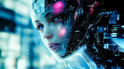 A striking close-up of a futuristic female AI with glowing blue eyes and a technologically enhanced face, conveying advanced artificial intelligence.