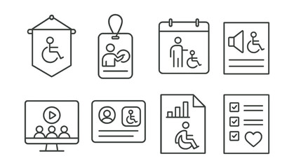 Line style icons of access awareness and learning: access symbol on banner, staff training badge, accessibility week calendar, campaign poster icon, learning module on inclusion, user story card,