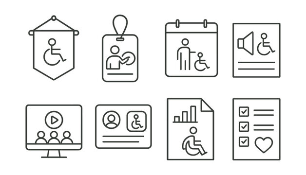 Line style icons of access awareness and learning: access symbol on banner, staff training badge, accessibility week calendar, campaign poster icon, learning module on inclusion, user story card,