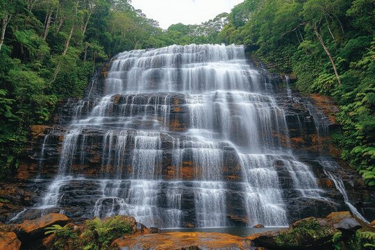 Majestic waterfall cascading down rocky terrain.