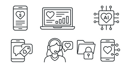 Line style icons of tech + charity: donation tracking app, charity CRM dashboard, AI for giving icon, campaign via SMS tag, online donor support bubble, secure giving file, tech-based outreach chart,