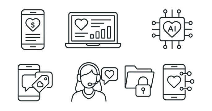 Line style icons of tech + charity: donation tracking app, charity CRM dashboard, AI for giving icon, campaign via SMS tag, online donor support bubble, secure giving file, tech-based outreach chart, - Powered by Adobe